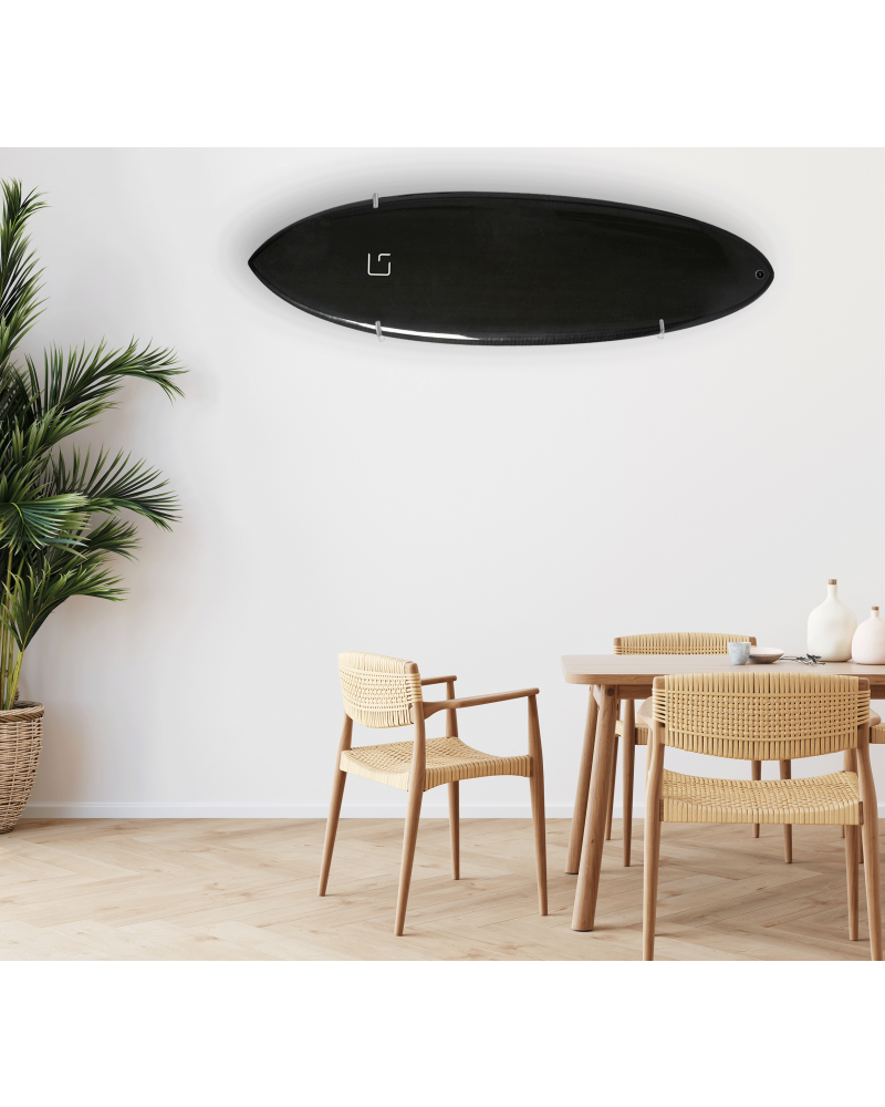 Ghost Racks Horizontal Surfboard Overhead Wall Mount holding a black surfboard
