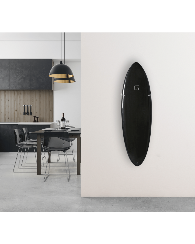 Ghost Racks Vertical Surfboard Adjustable Wall Display Rack holding a black single fin surfboard