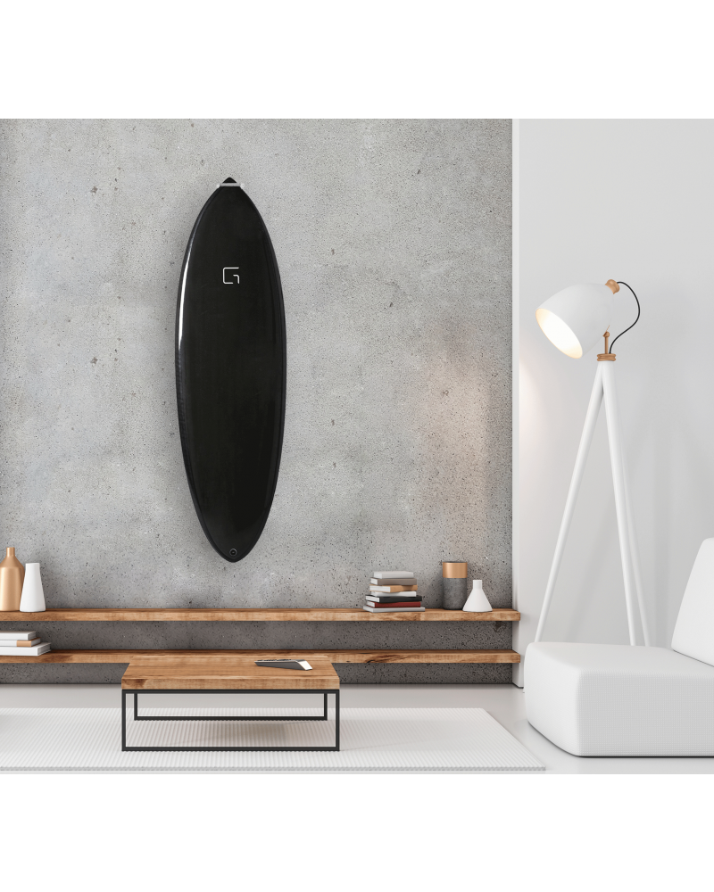 Ghost Racks Vertical Surfboard Wall Display Rack holding black surfboard
