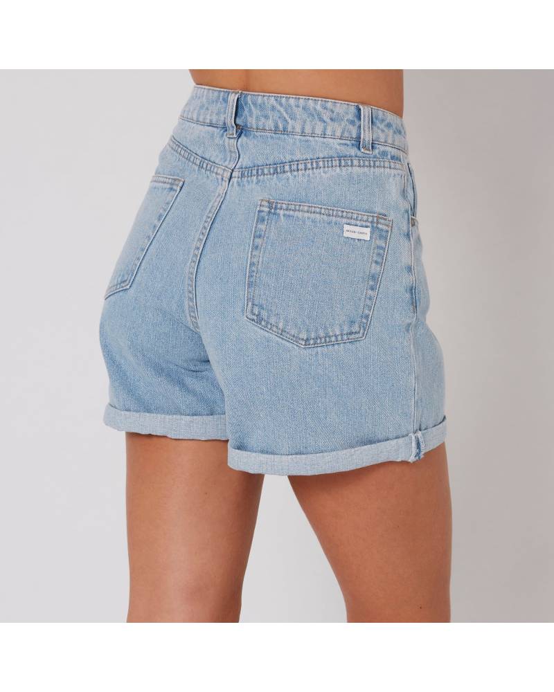 Side view of denim shorts