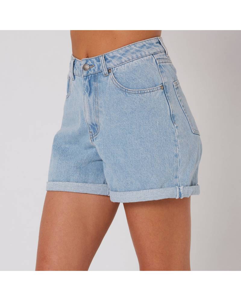 Model wearing denim shorts