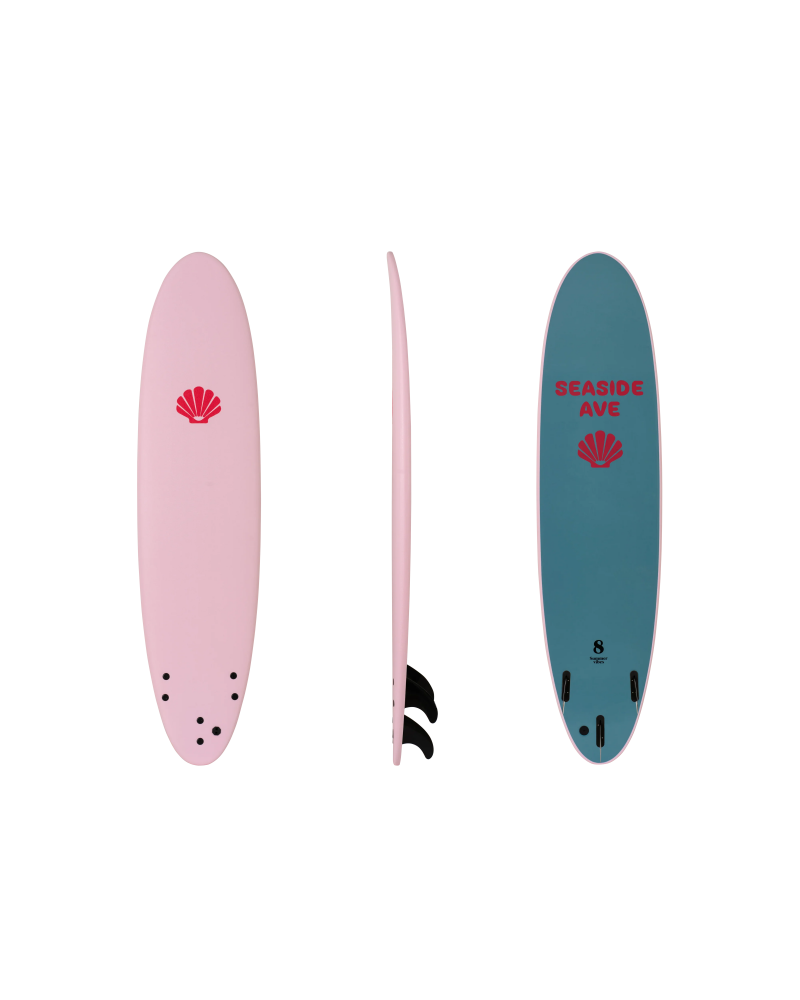 Pink surfboard with Seaside Ave logo