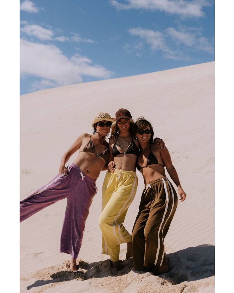 Green pants on model, front view