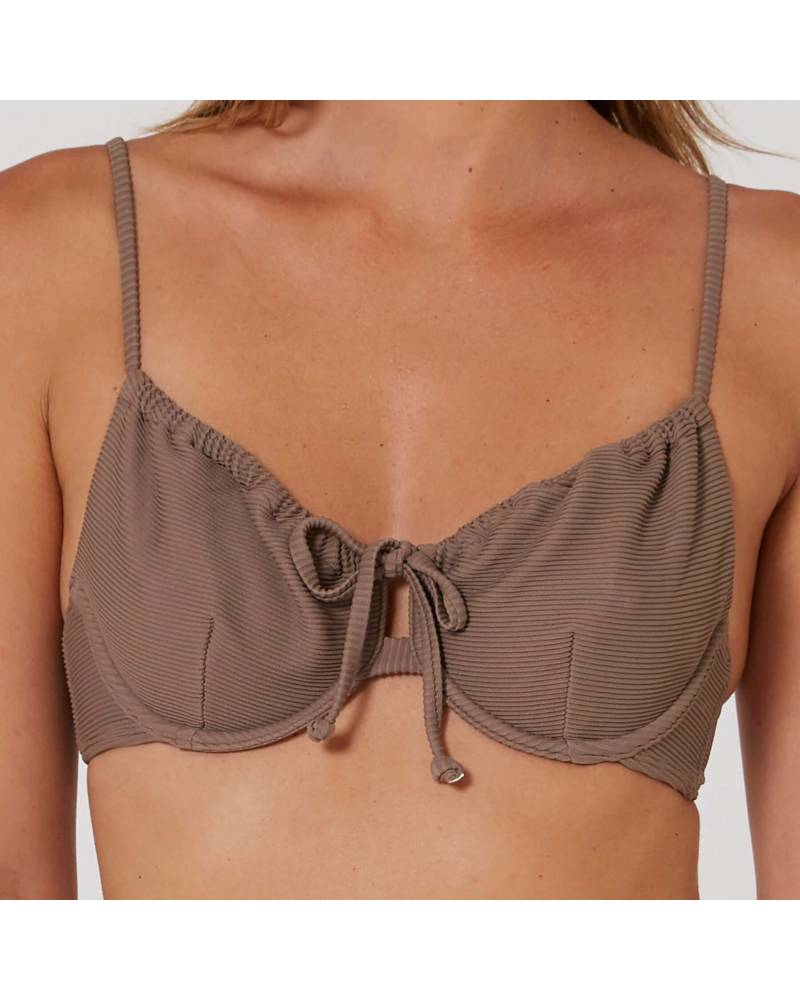 Hyams-Rib Tie Front Top - Mocha