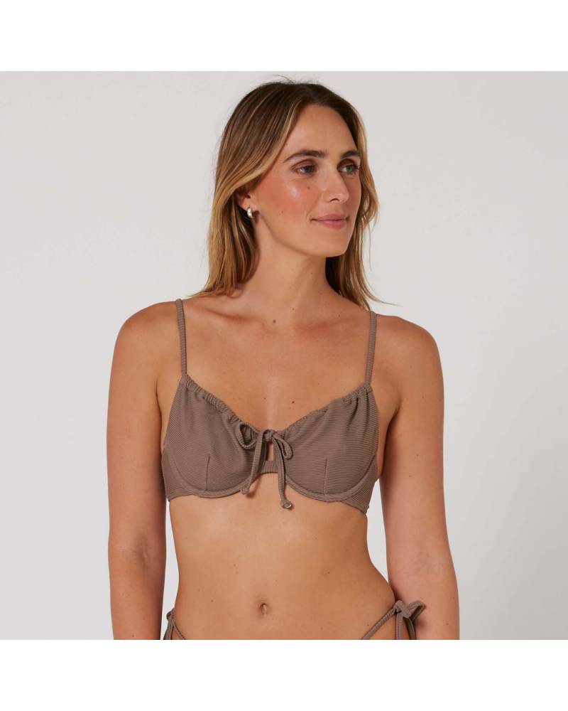 Hyams-Rib Tie Front Top - Mocha