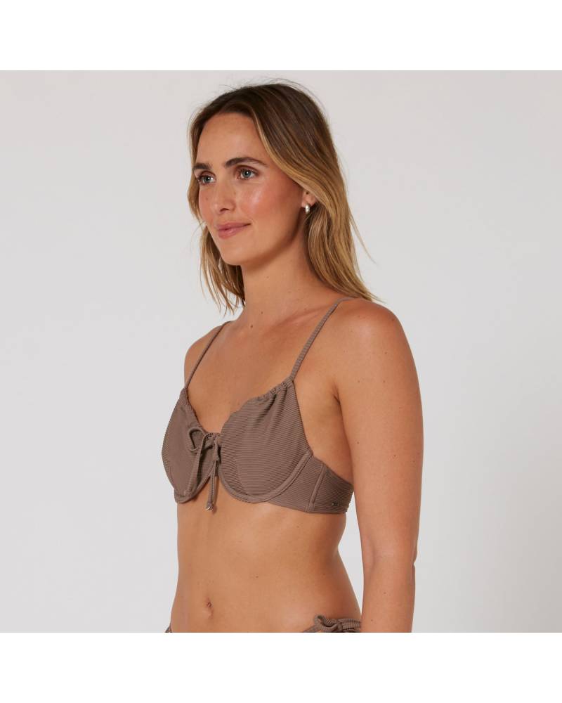 Hyams-Rib Tie Front Top - Mocha