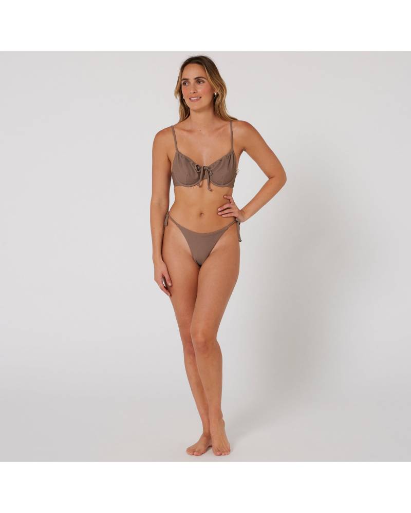 Hyams-Rib Tie Front Top - Mocha