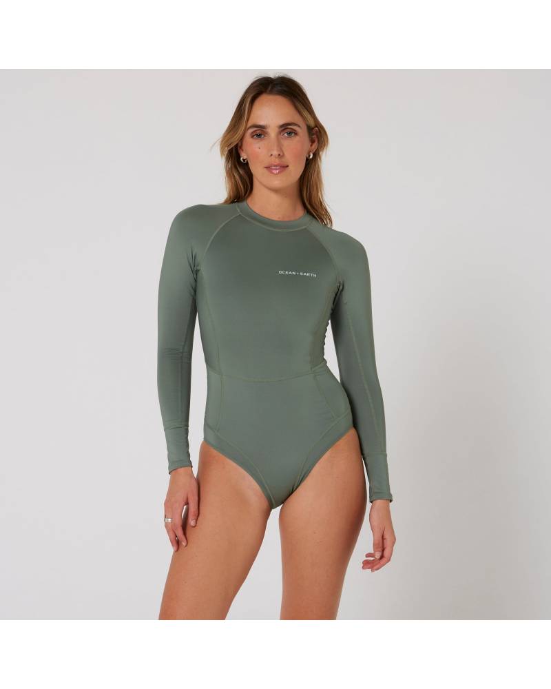 Ladies Oceana Long Sleeve Back Zip Lycra Suit - Olive