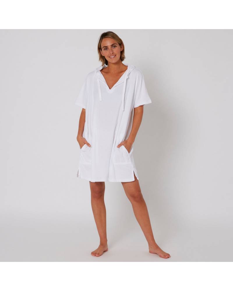 Ladies V Neck Hooded Poncho - White