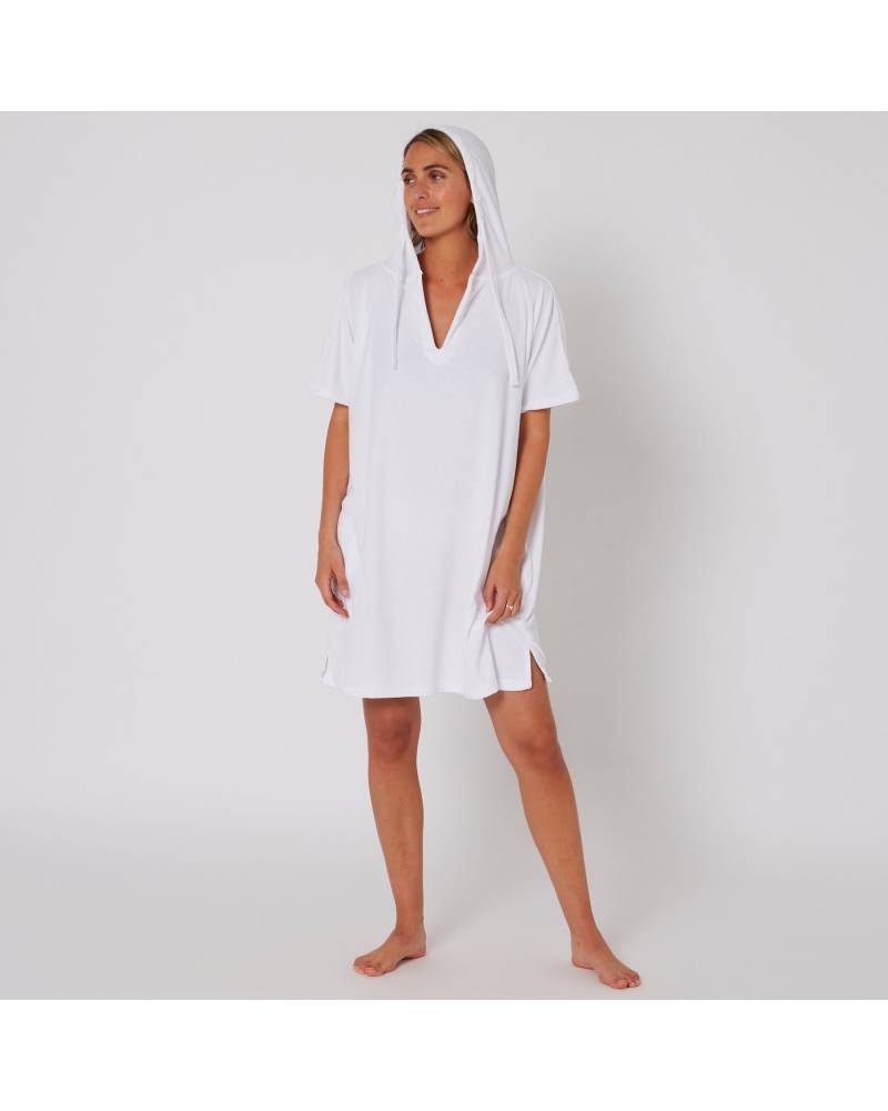 Ladies V Neck Hooded Poncho - White