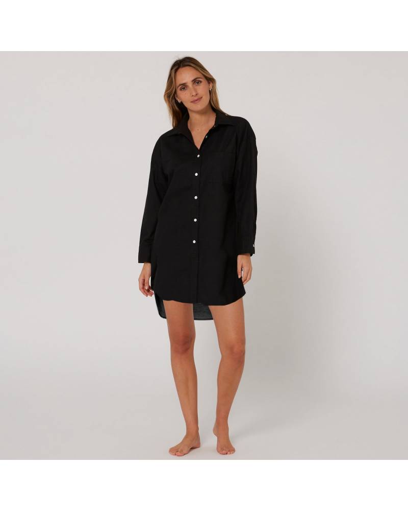 Linen OS LS Shirt Dress - Black