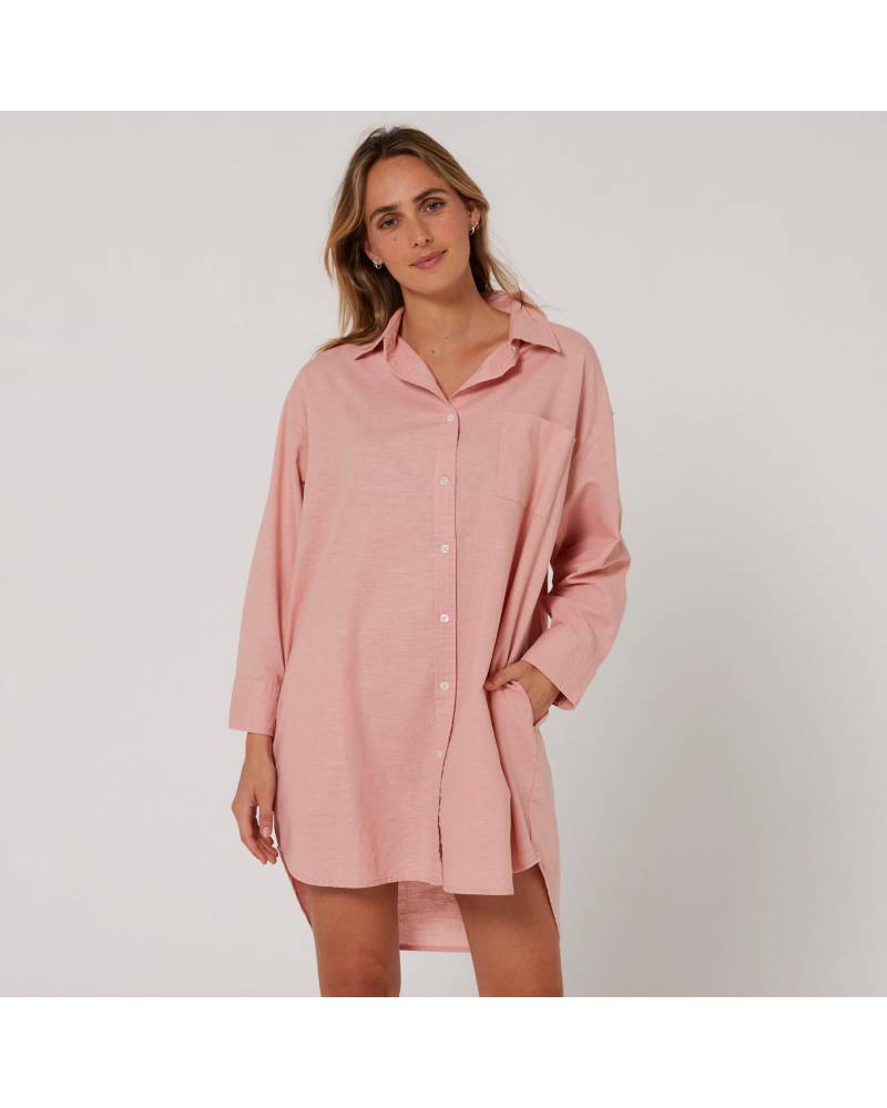Linen OS LS Shirt Dress - Misty Rose