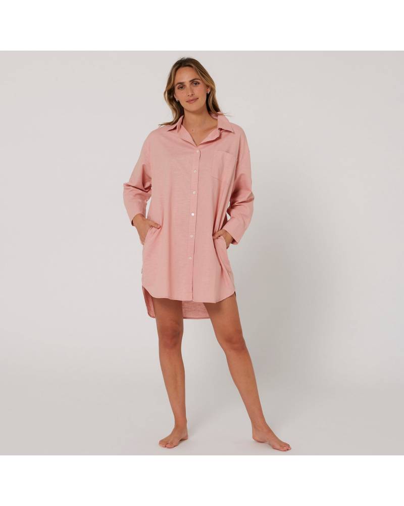 Linen OS LS Shirt Dress - Misty Rose