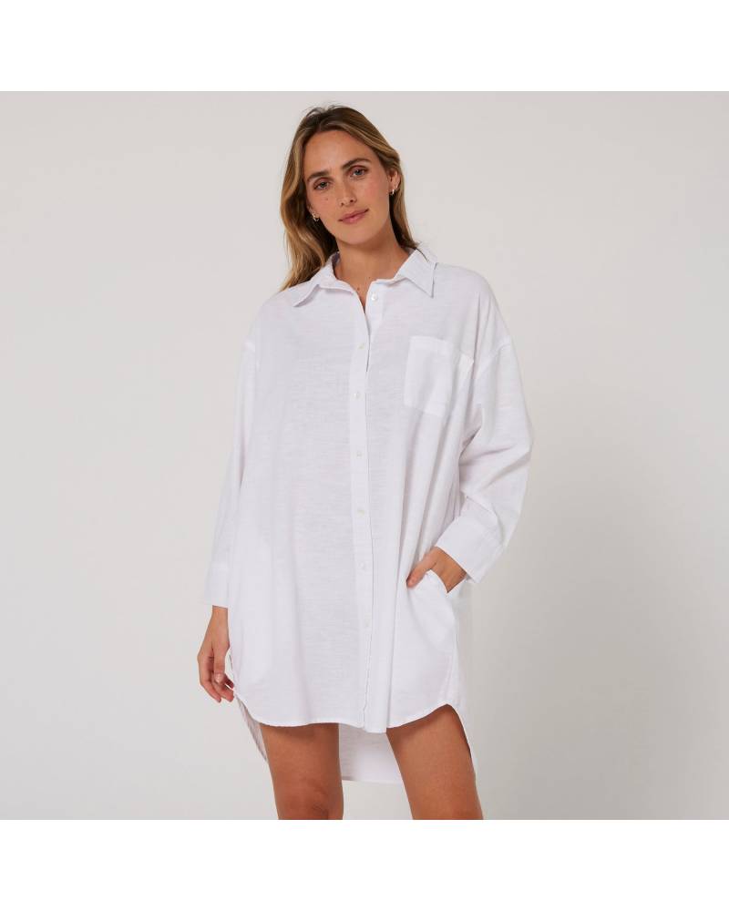 Linen OS LS Shirt Dress - White