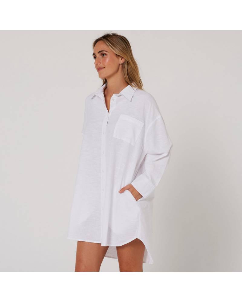 Linen OS LS Shirt Dress - White