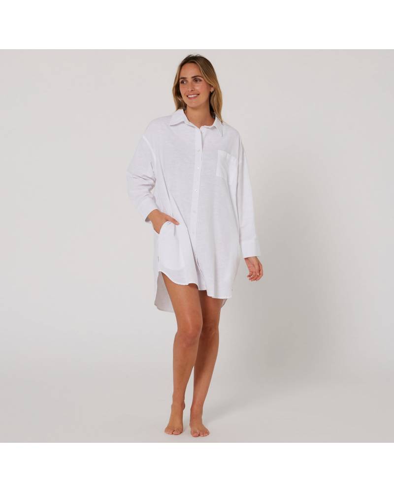 Linen OS LS Shirt Dress - White