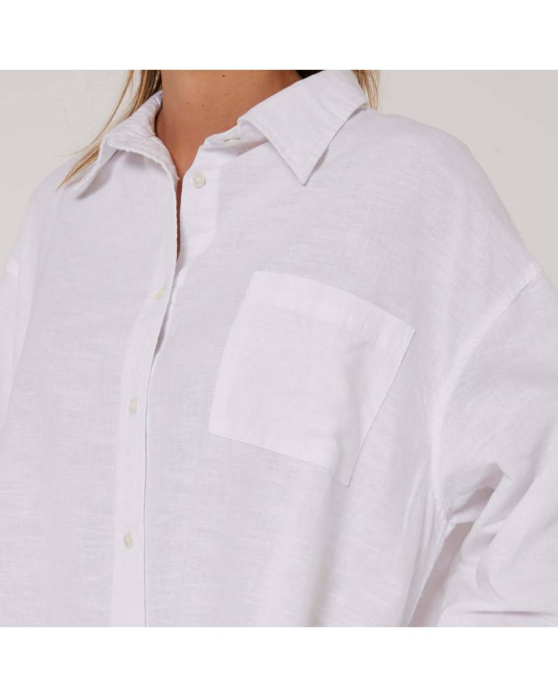 Linen OS LS Shirt Dress - White