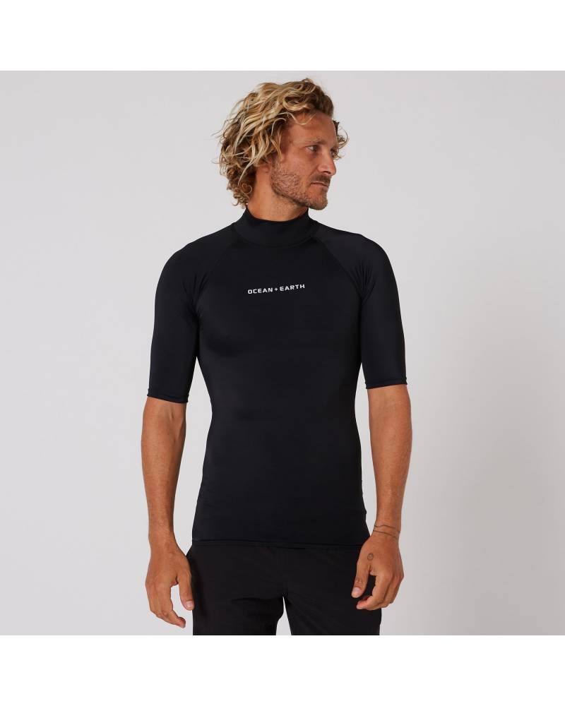 Ocean and Earth Mens Script Short Sleeve Rash Shirt - Black