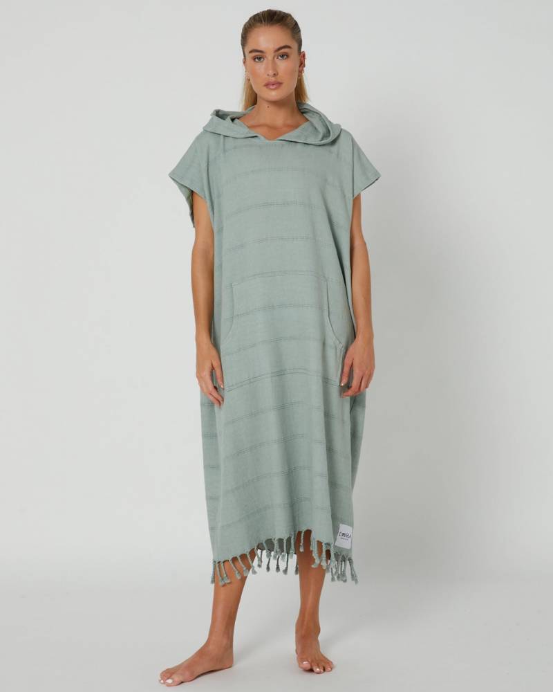 Model wearing poncho front