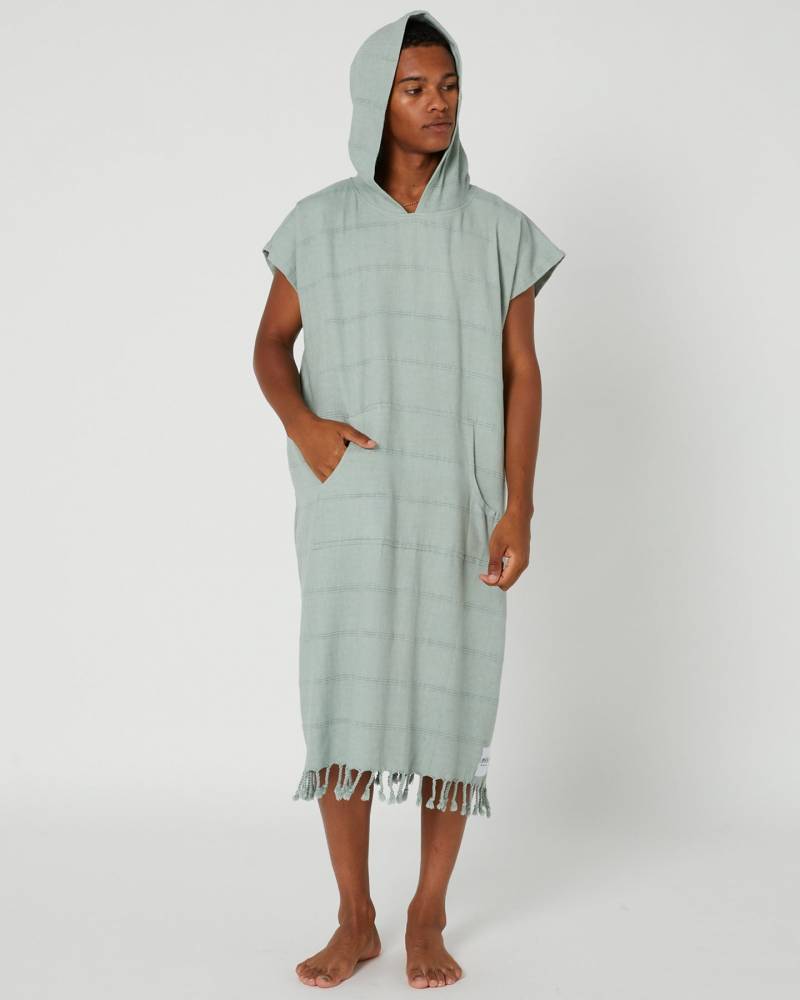Model wearing poncho hood up
