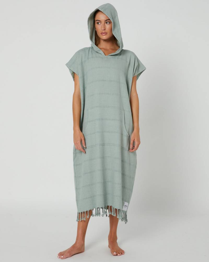 Model wearing poncho hood down