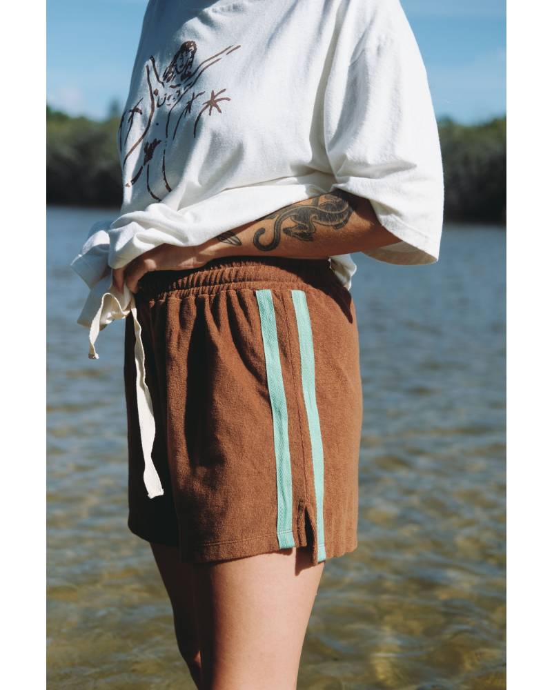 Model wearing shorts with white top