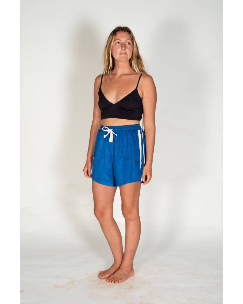 Side view of Cobalt Terry Towelling Shorts