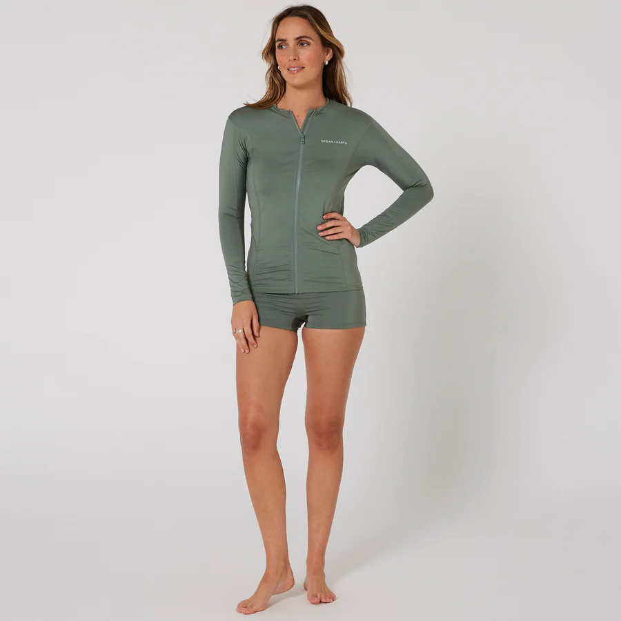 Ladies Oceana Long Sleeve Front Zip Lycra Vest - Olive