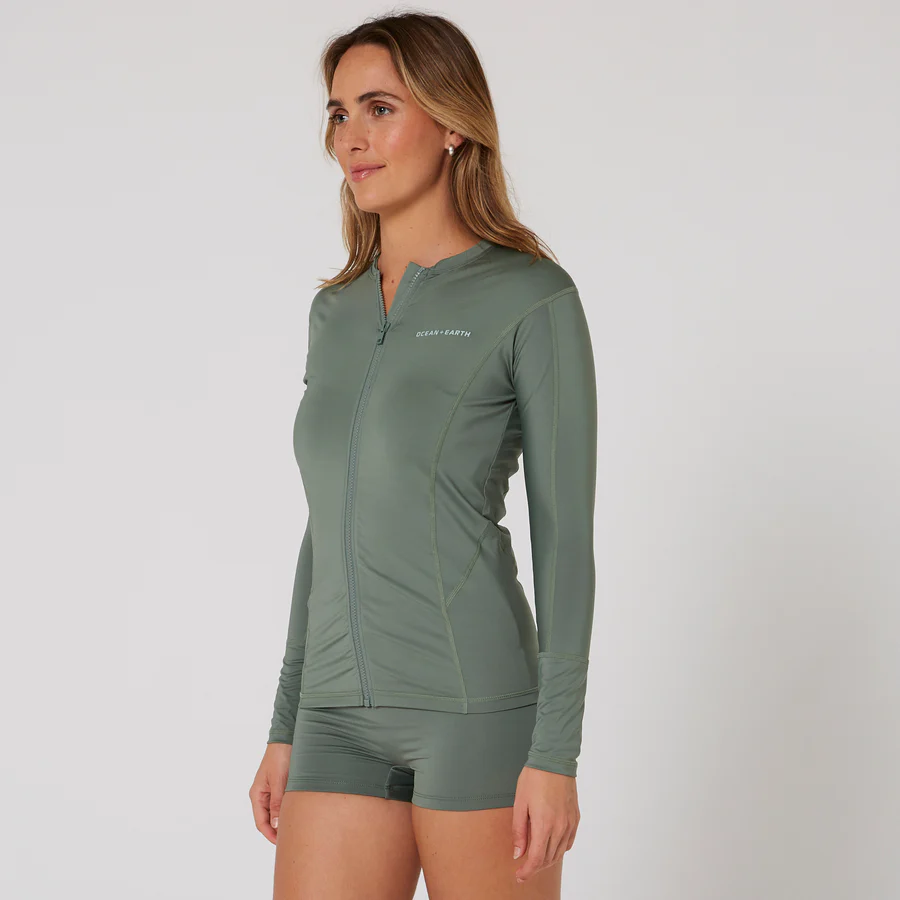 Ladies Oceana Long Sleeve Front Zip Lycra Vest - Olive