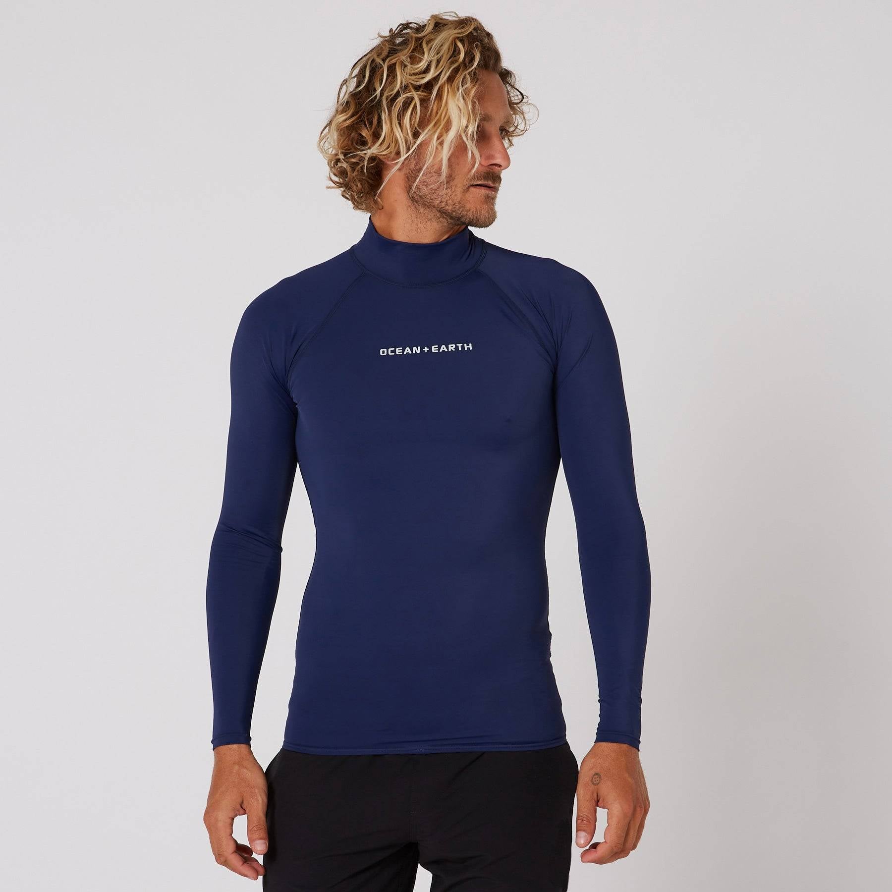 Buy the Ocean and Earth Mens Script Rash Guard Midnight Online Now 